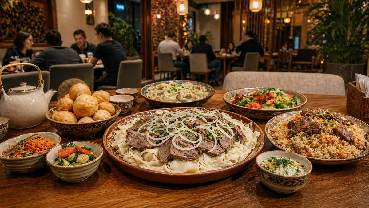 Illustrated table of Kazakh dishes in a warmly lit Almaty restaurant