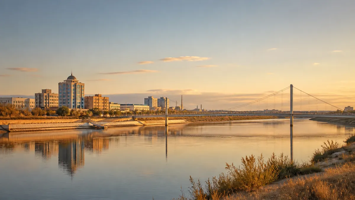 Conceptual Atyrau riverfront at golden hour with the Zhayyk River, a pedestrian bridge, and a low western Kazakhstan skyline