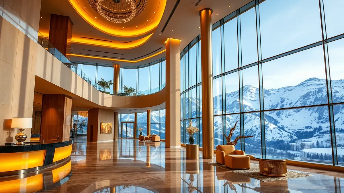 Luxury hotel lobby in Almaty with mountain views through floor-to-ceiling windows