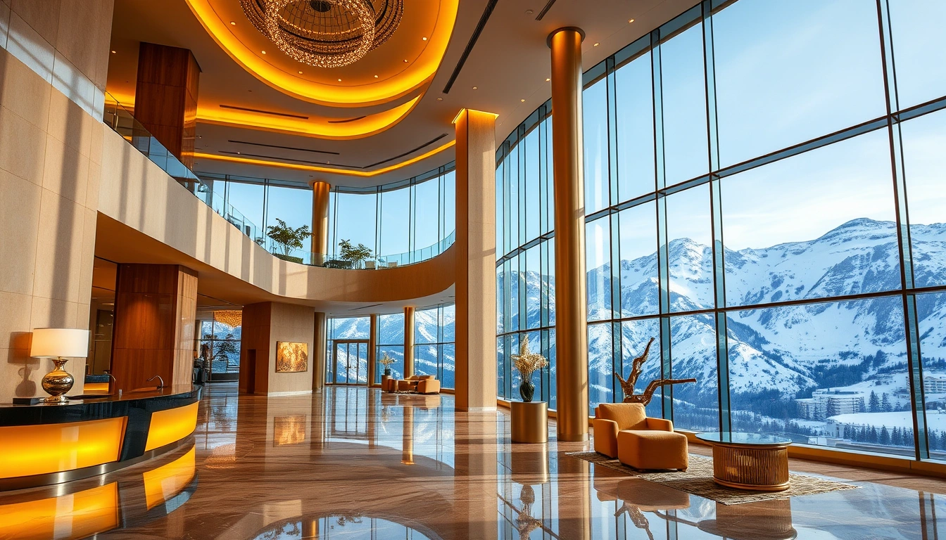 Luxury hotel lobby in Almaty with mountain views through floor-to-ceiling windows