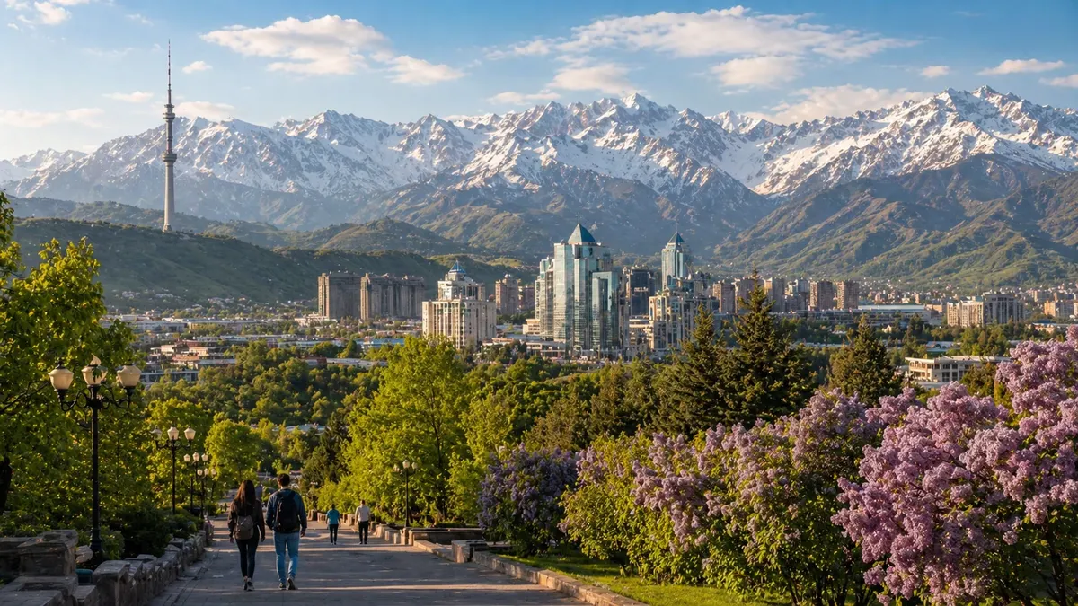 Almaty in spring with lilacs, city towers, and snow-capped Tian Shan mountains in the background