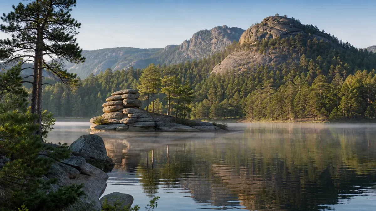 Conceptual early-morning Burabay lakescape with pine forest, rounded granite hills and a small rock island