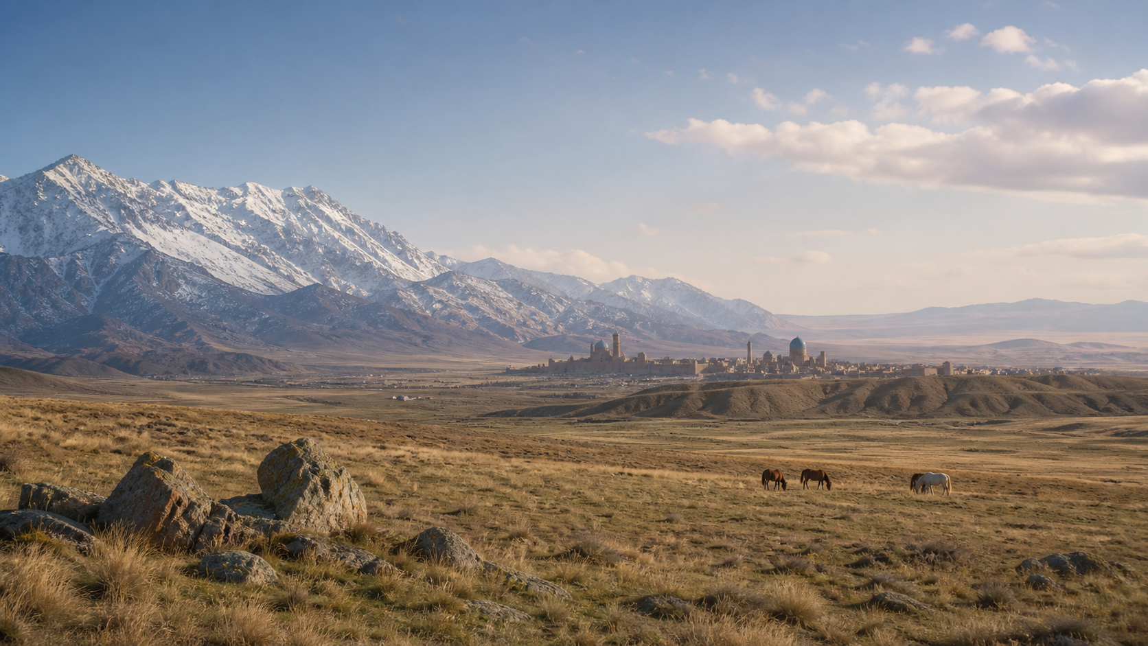 Conceptual panorama of open steppe, snowy mountains, and distant Silk Road architecture