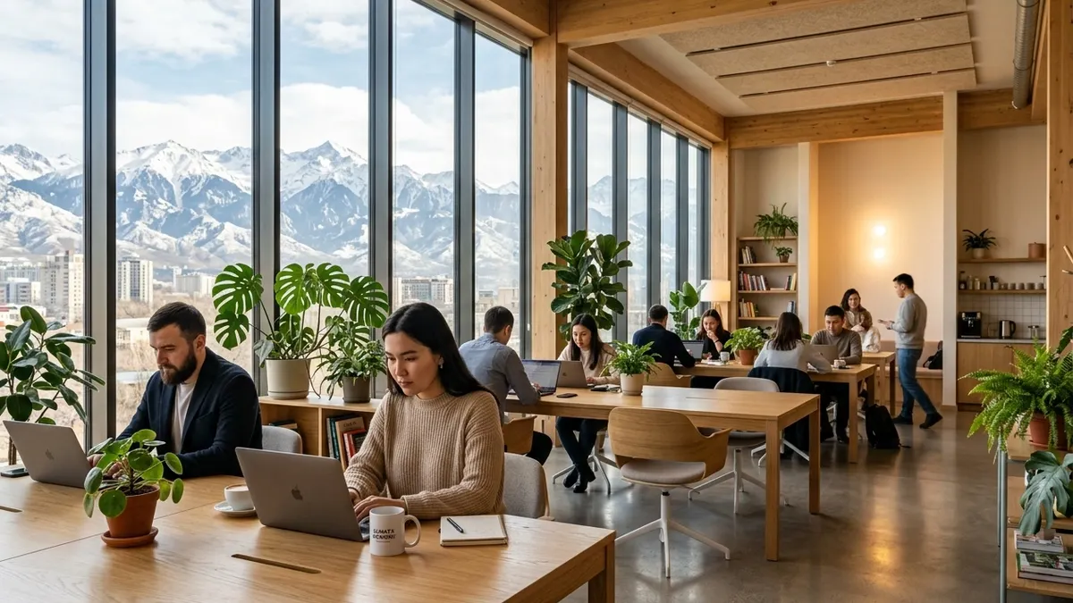 Modern coworking space interior in Almaty with mountain views through large windows