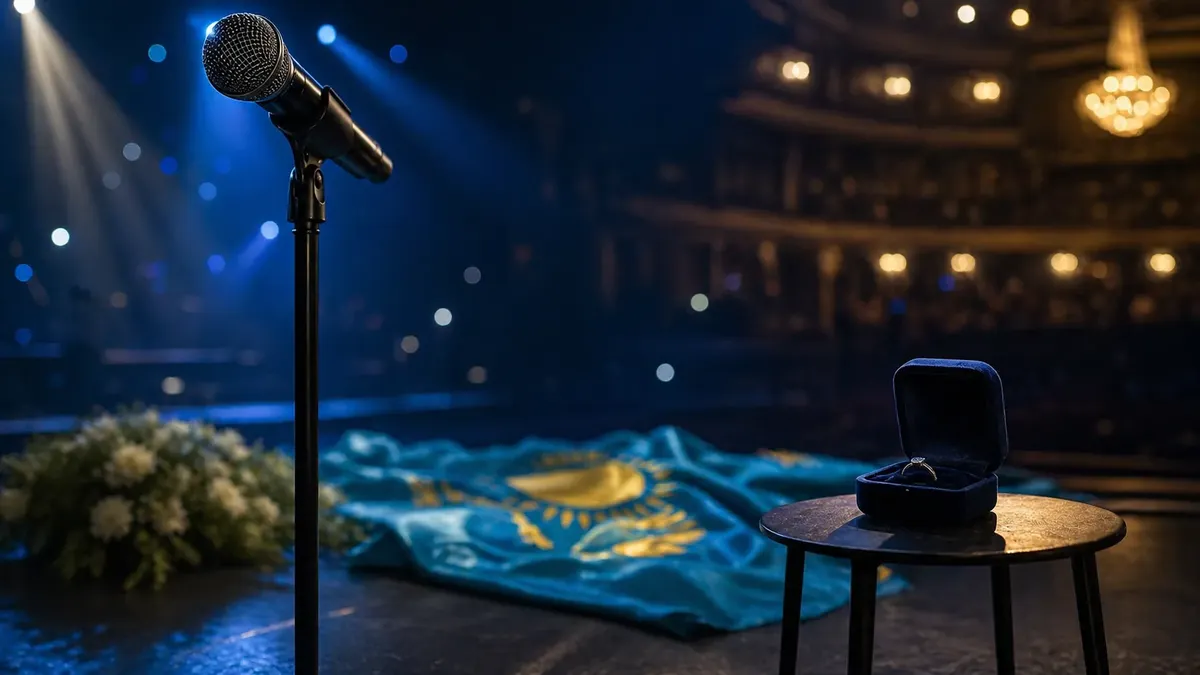 Concert microphone on stage with a subtle ring box representing relationship status