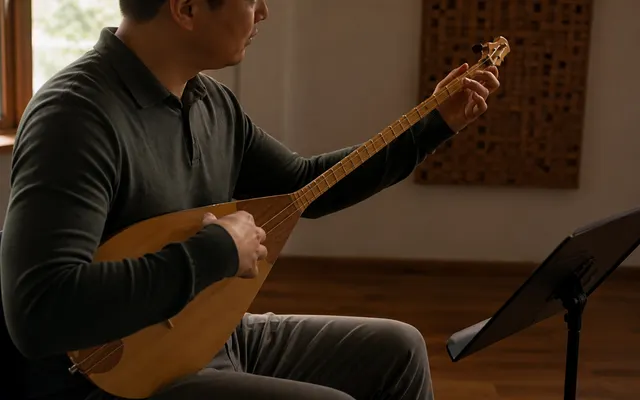 Contemporary musician playing a two-string Kazakh dombra in a rehearsal room