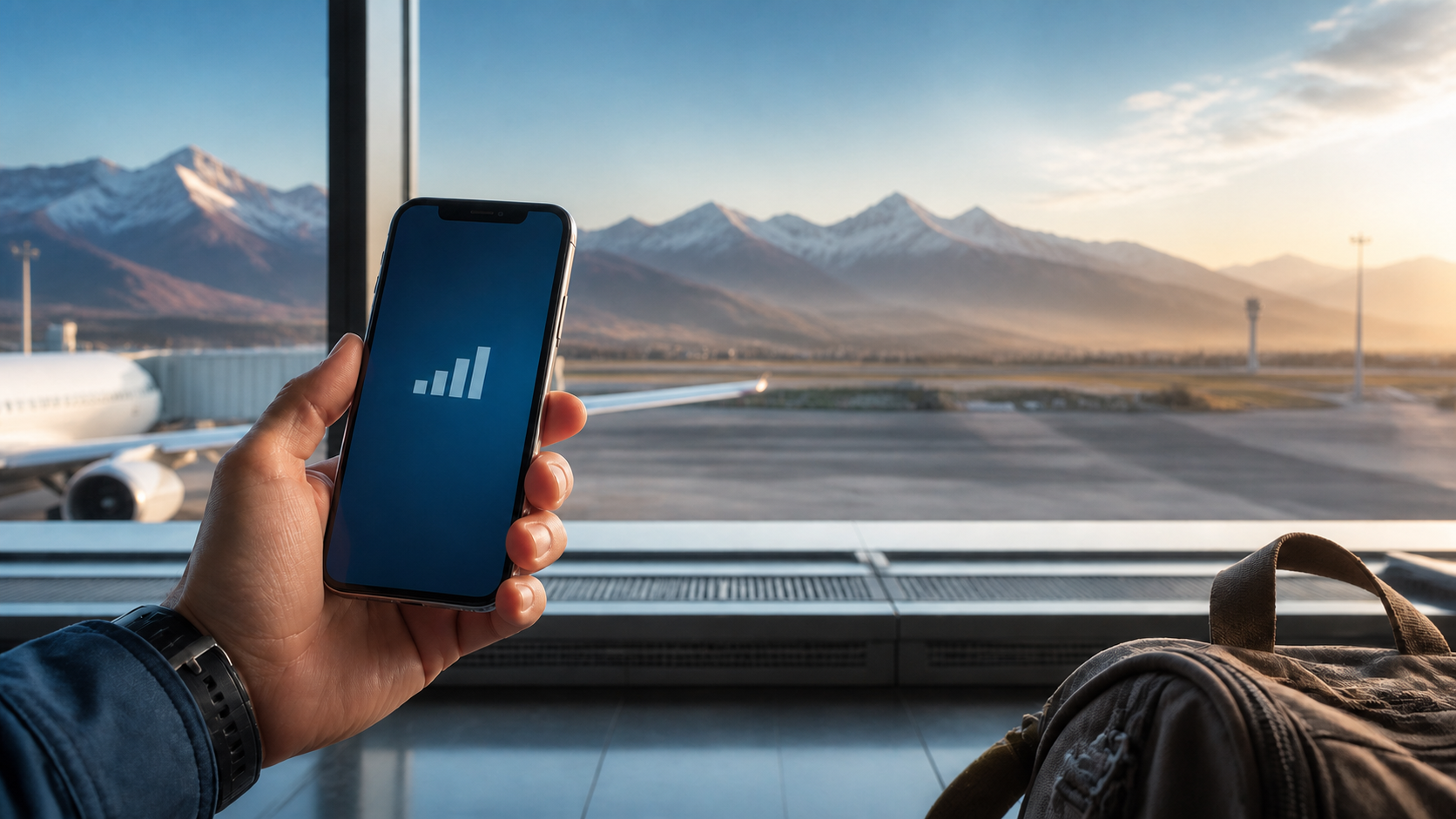 Editorial illustration of a traveler checking mobile signal on a phone at a Kazakhstan airport with mountains beyond the runway