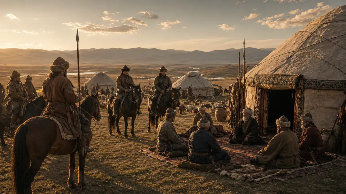 Historical Kazakh Khanate scene with horsemen, yurts, elders, and the open steppe at sunset