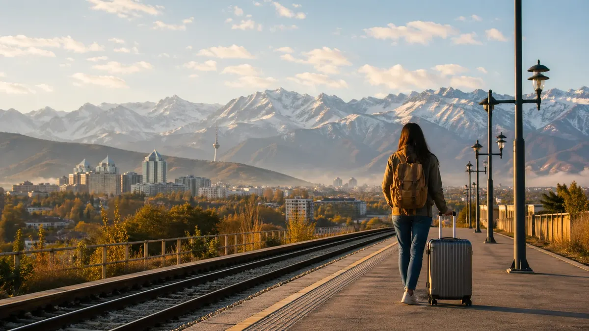 Traveler with luggage on a platform overlooking Almaty and the Tian Shan mountains
