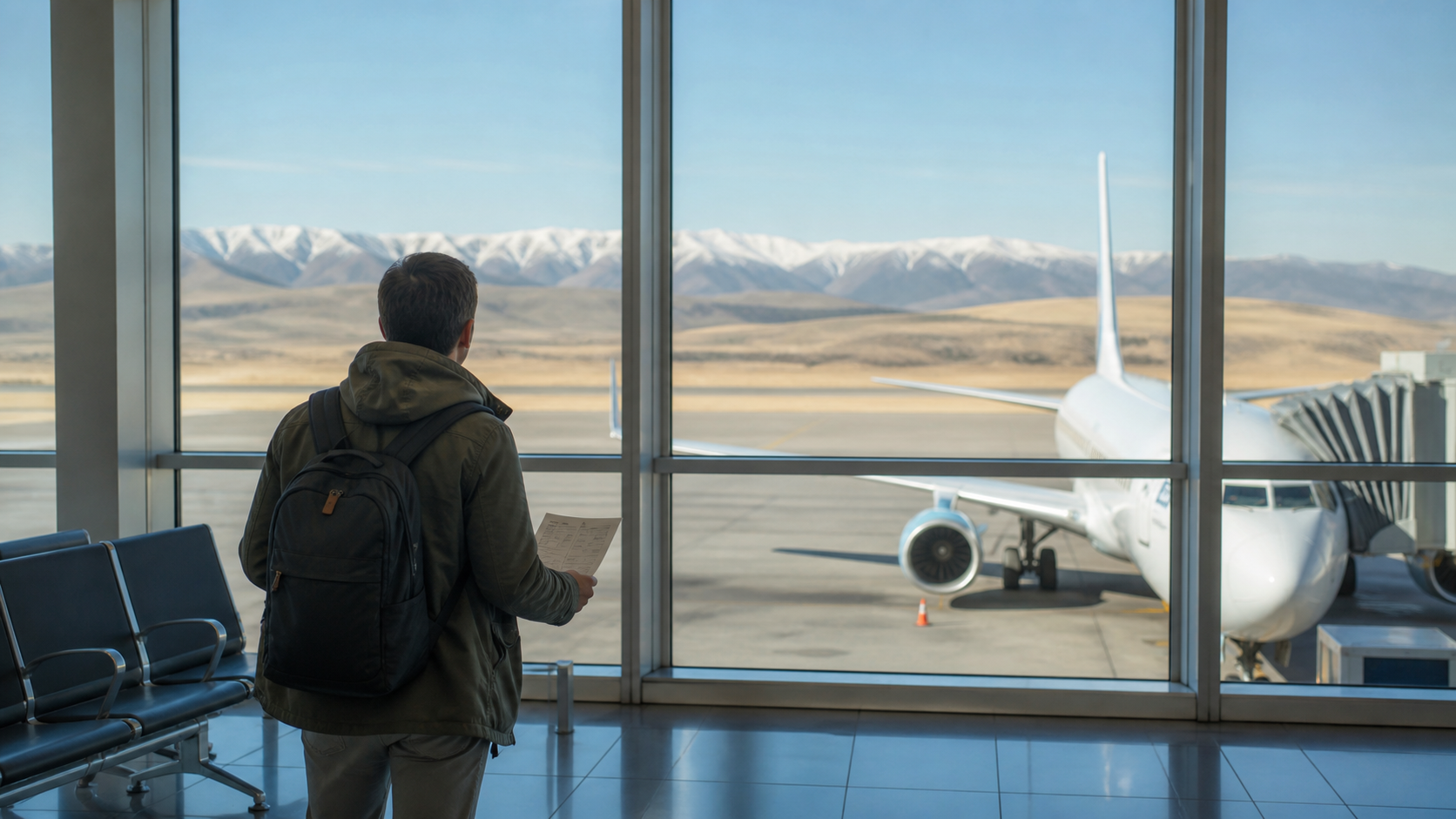 Editorial image of a traveler choosing a route in a generic Kazakhstan airport with an aircraft, steppe and mountains beyond the windows