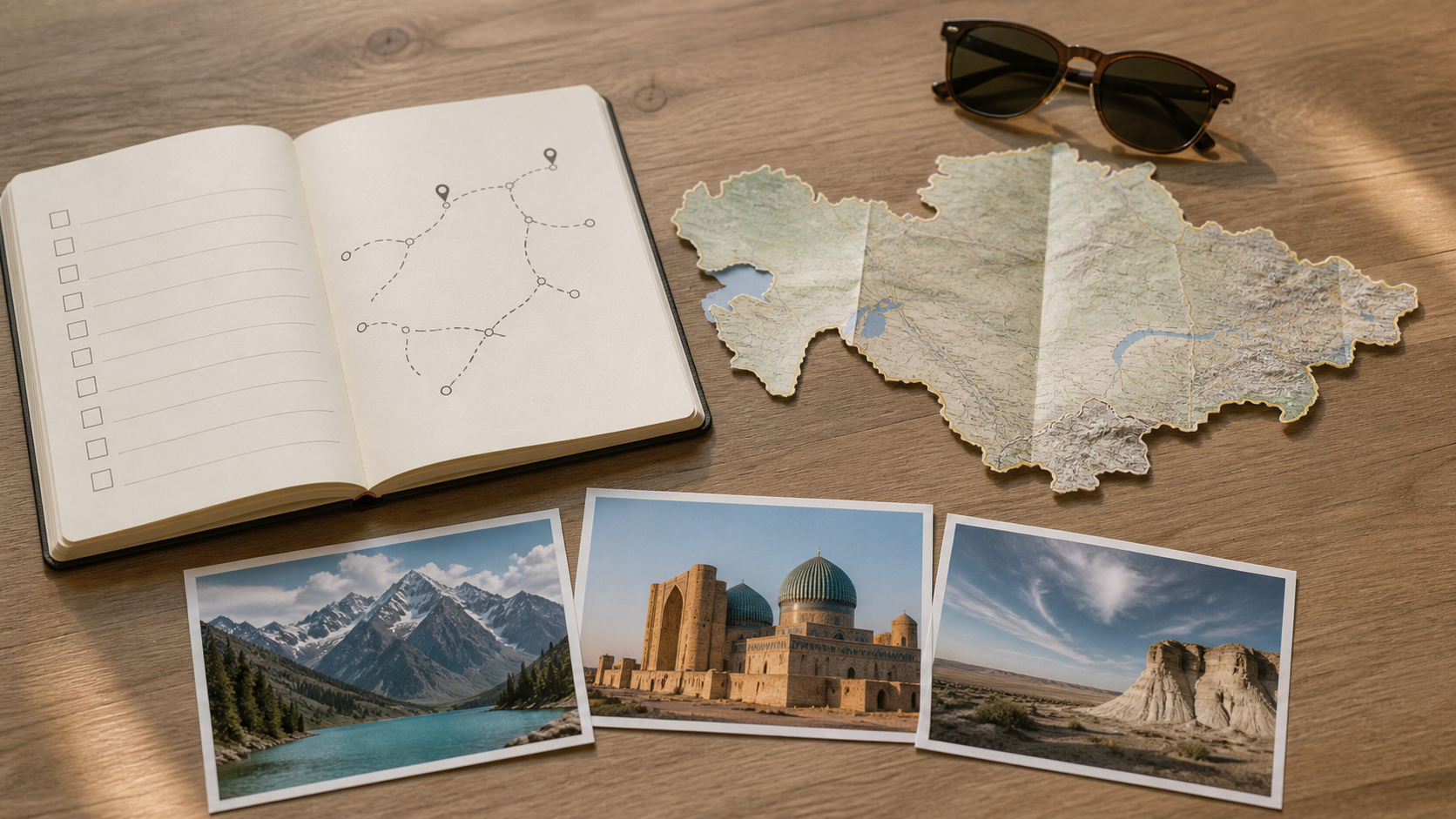 Route-planning notebook beside an unlabeled Kazakhstan map and photo cards representing mountains, Turkestan heritage, and Mangystau desert