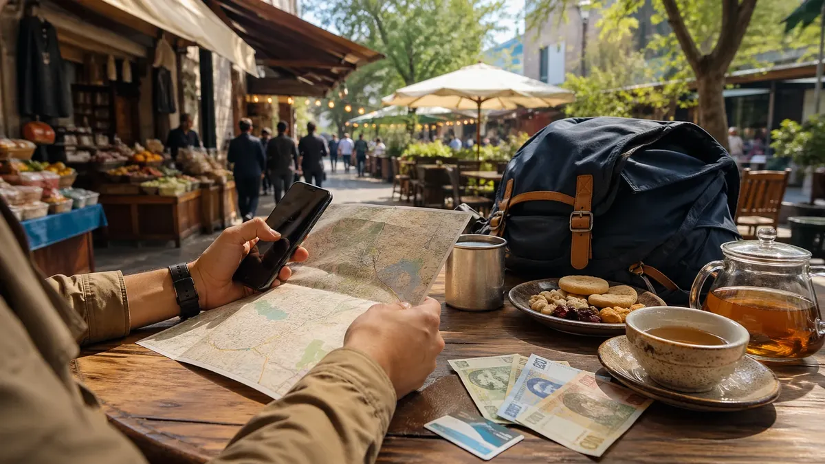 Budget travel planning table in Kazakhstan with a backpack, map, tea, snacks, and tenge banknotes