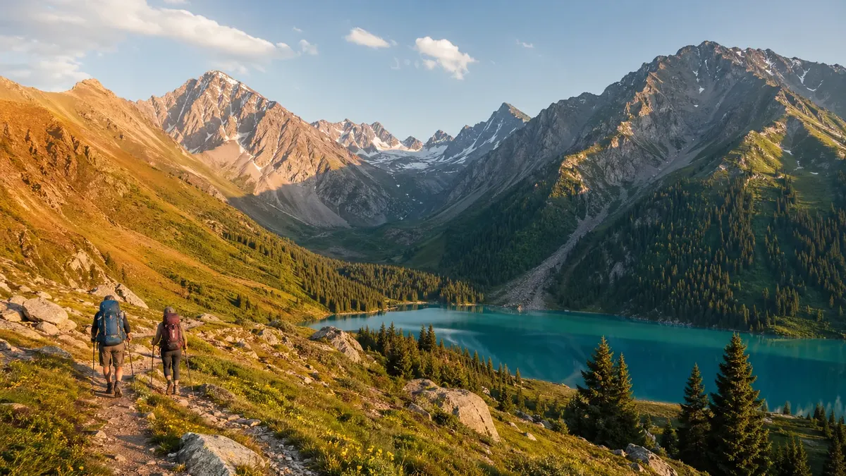 Hikers on a mountain trail with turquoise alpine lake and Tian Shan mountain peaks in Kazakhstan