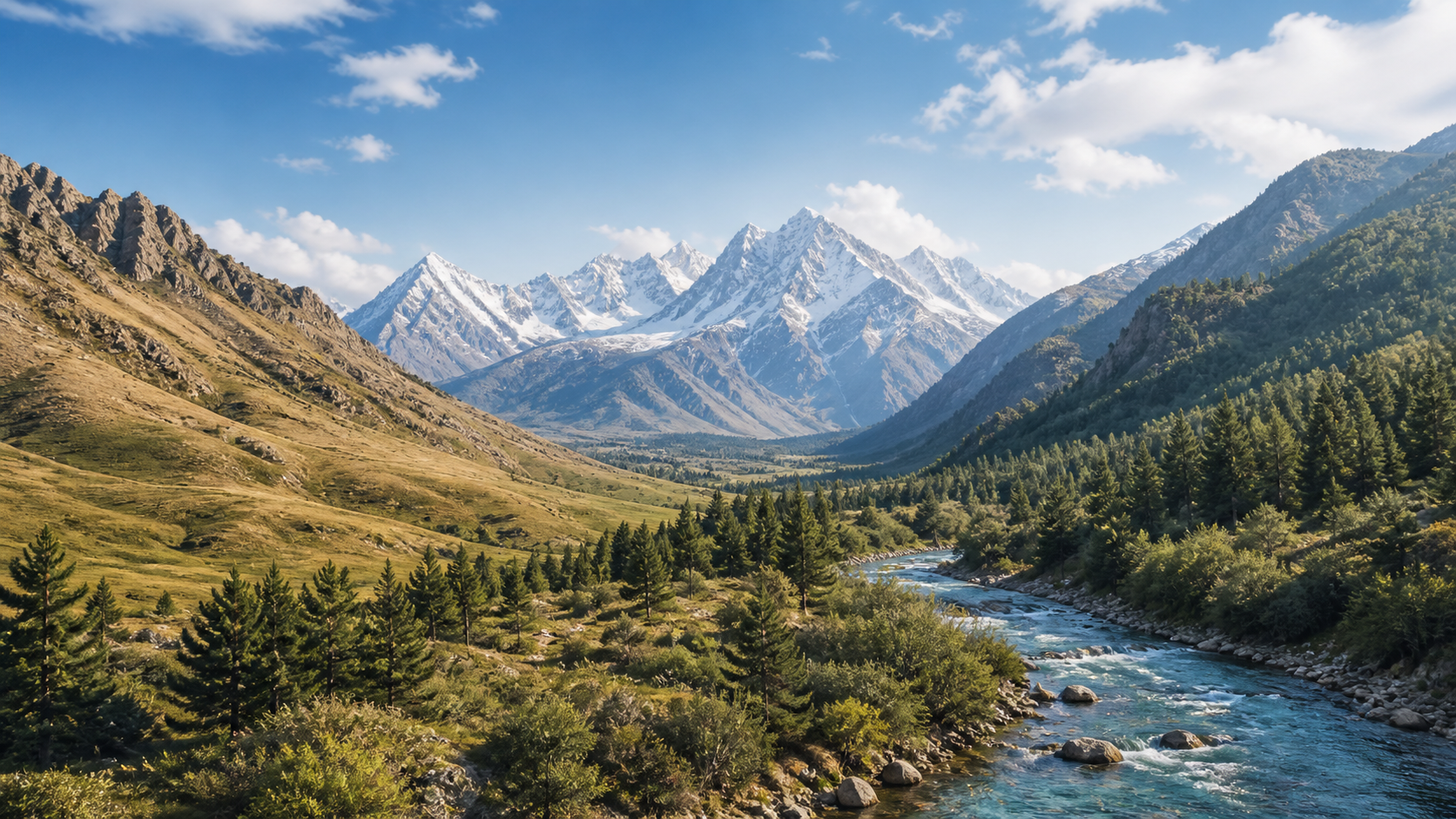 Conceptual panorama combining dry foothills, snowy peaks, spruce forest, and a mountain river
