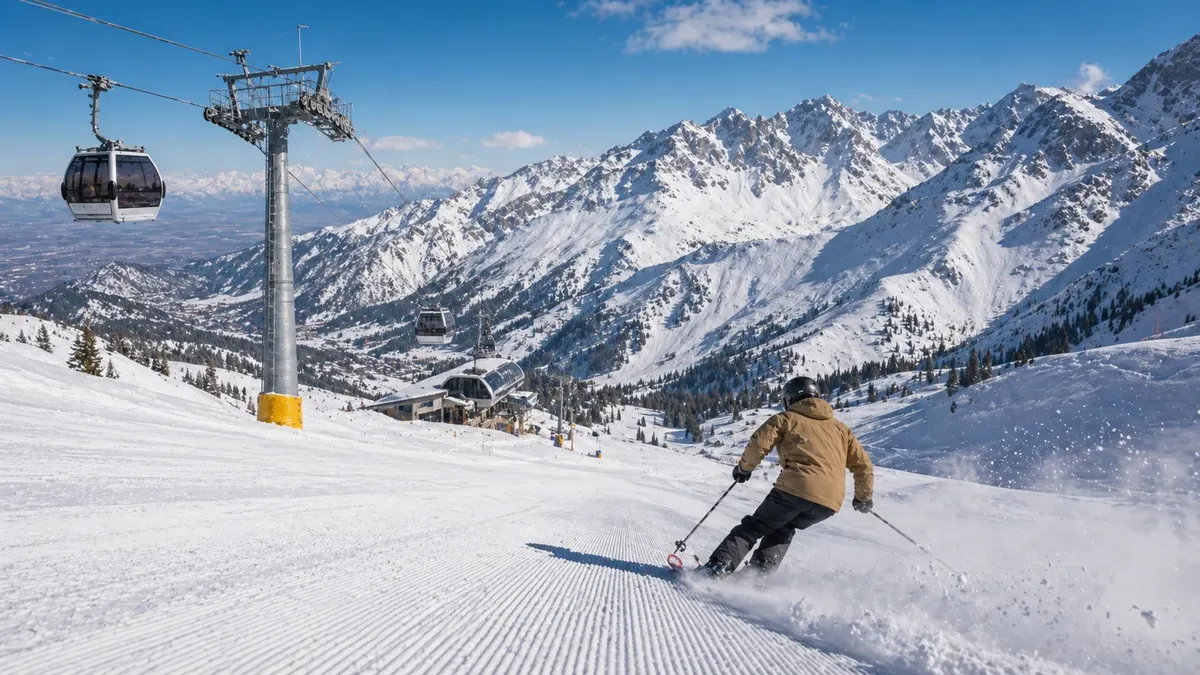 Skier on the slopes of Shymbulak resort with Tian Shan mountains in the background Kazakhstan