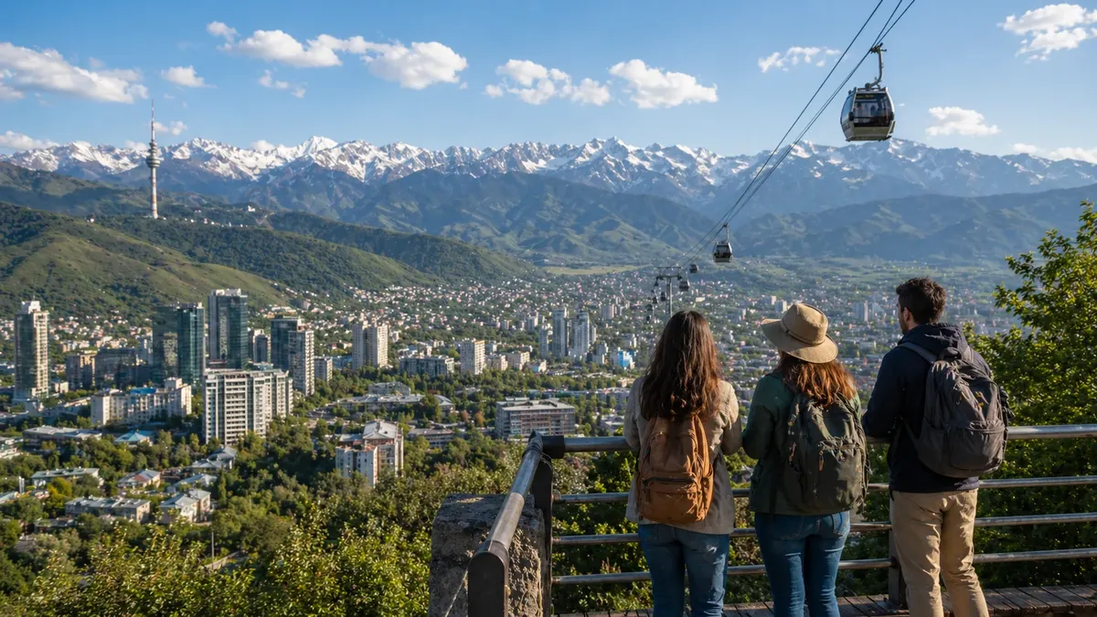 Travelers looking over Almaty from a mountain viewpoint with cable cars and Tian Shan peaks