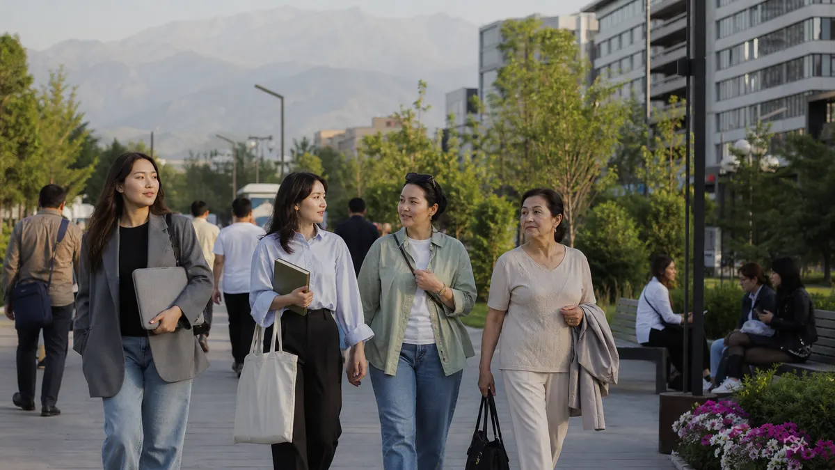 Women of different ages walking through a contemporary Almaty public space after work or study