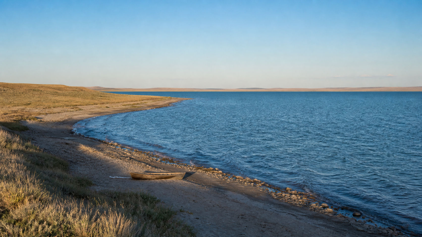 Blue water and a pale stony shore on Lake Balkhash, with dry Kazakh steppe and low hills on the horizon