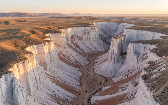 Editorial illustration of pale desert escarpments in Mangystau, western Kazakhstan