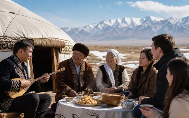 Editorial illustration of a Nauryz gathering in Kazakhstan beside a yurt with a dombra player and shared festive table