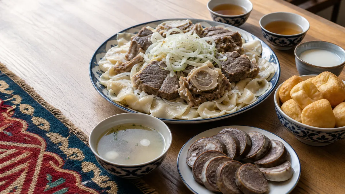 Kazakh meat and noodles with sorpa, kazy, baursak, tea, and a fermented milk drink on a contemporary table