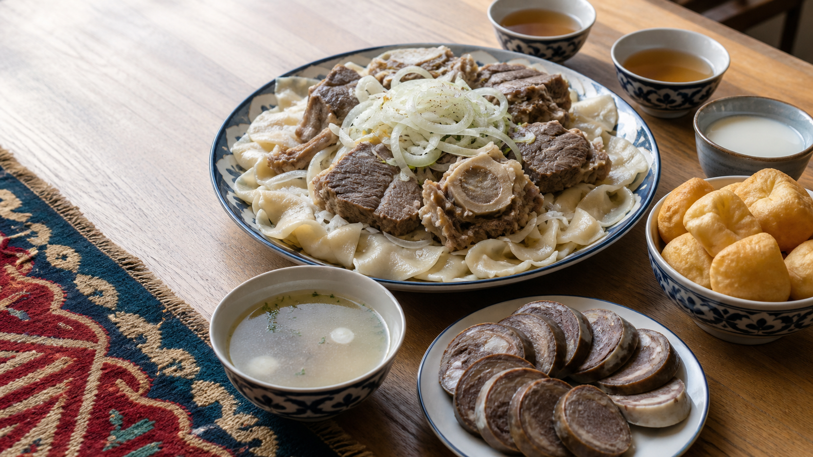 Kazakh meat and noodles with sorpa, kazy, baursak, tea, and a fermented milk drink on a contemporary table