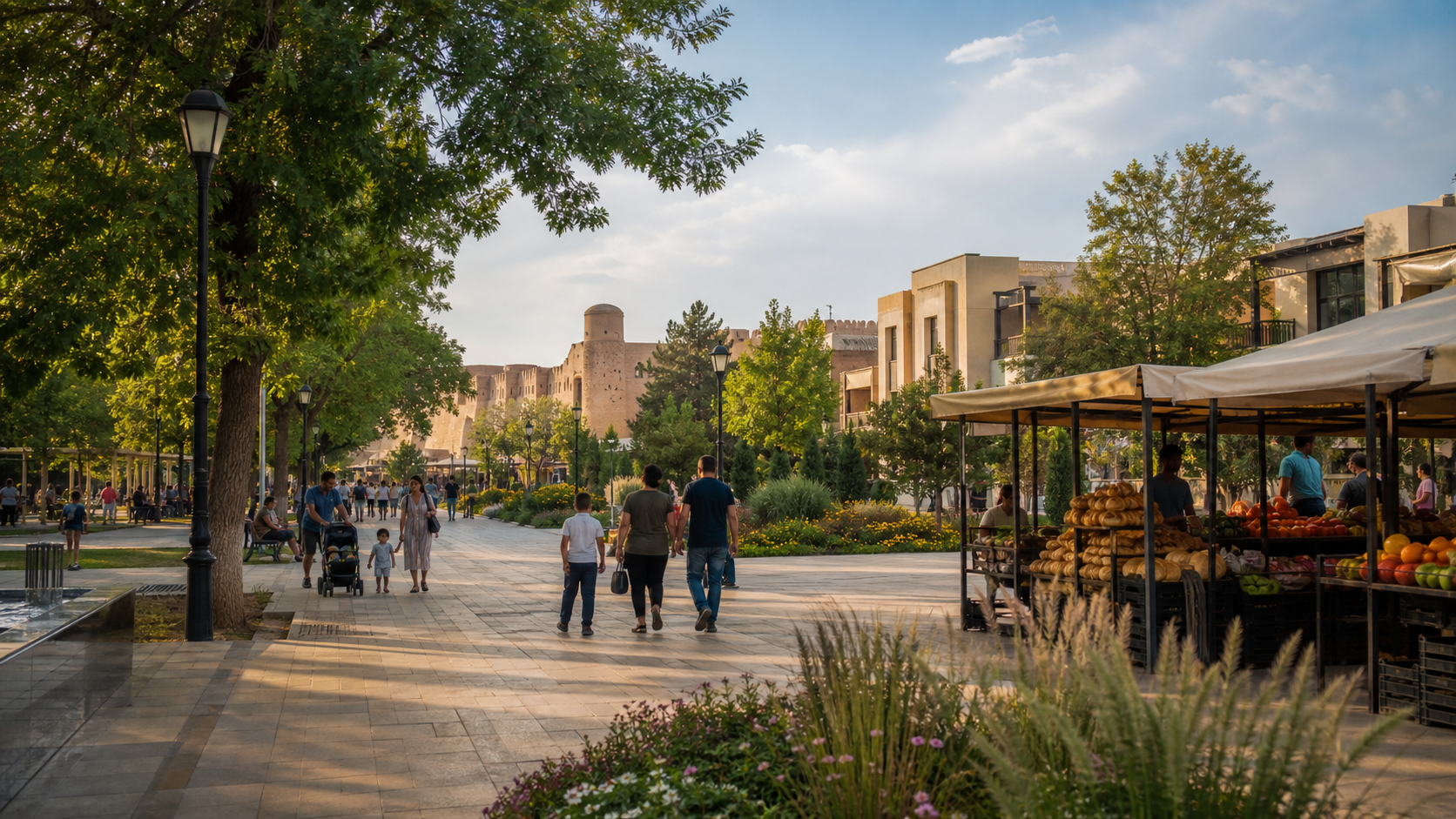 Conceptual leafy southern city promenade with a produce market and earth-toned historic walls