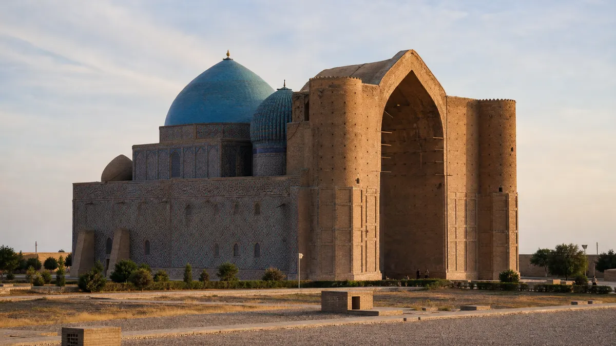 Conceptual early-morning view of the Khoja Ahmed Yasawi Mausoleum in Turkistan with brick walls and blue-tiled domes