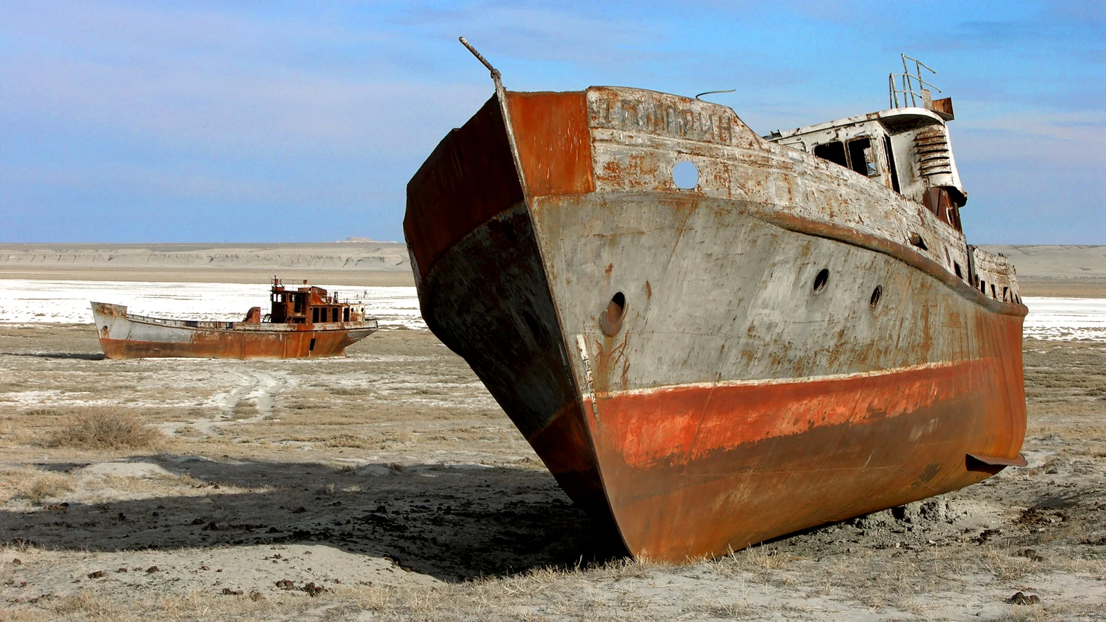 Abandoned ship at the former Aral Sea shore at Zhalanash, photographed in 2006