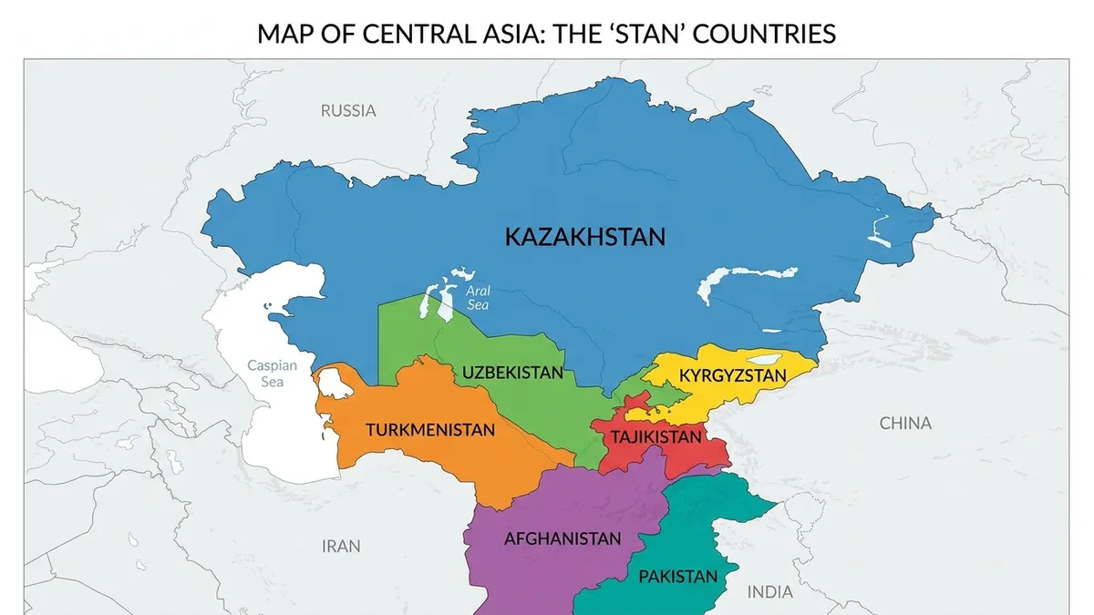 Map showing all seven countries ending in stan across Central and South Asia