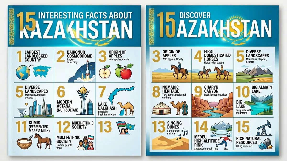 Collage of Kazakhstan landmarks - Bayterek tower, steppe, mountains and traditional yurt