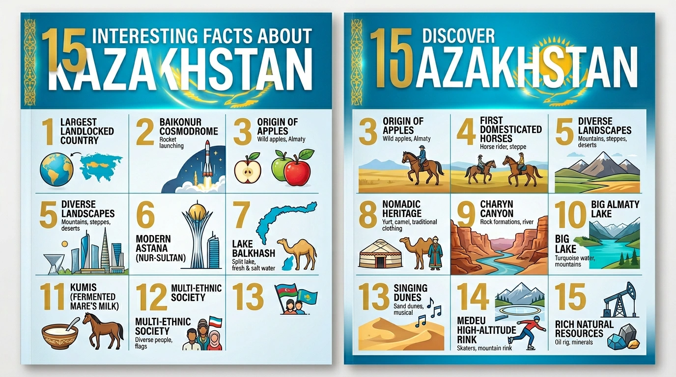 Collage of Kazakhstan landmarks, steppe, mountains and a traditional yurt