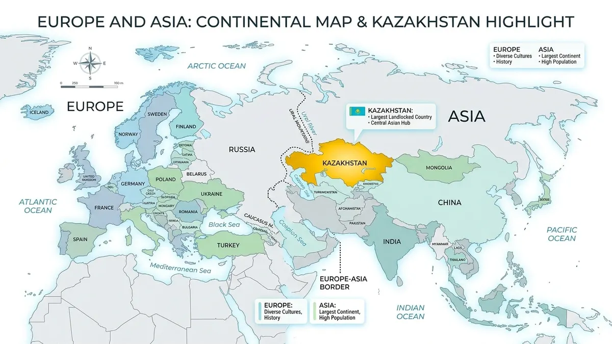 Map showing Kazakhstan's location spanning the Europe-Asia boundary near the Ural River