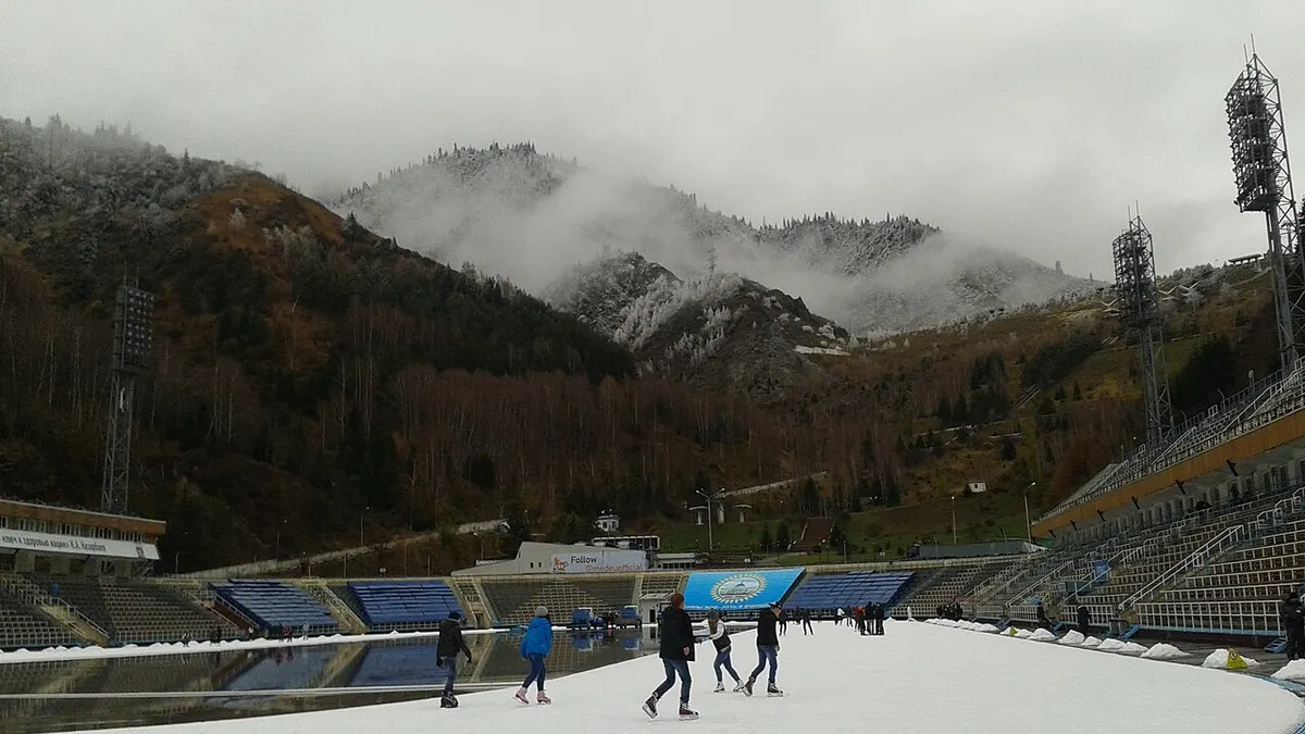 Medeu ice rink in Almaty at sunset, world's highest open-air skating stadium