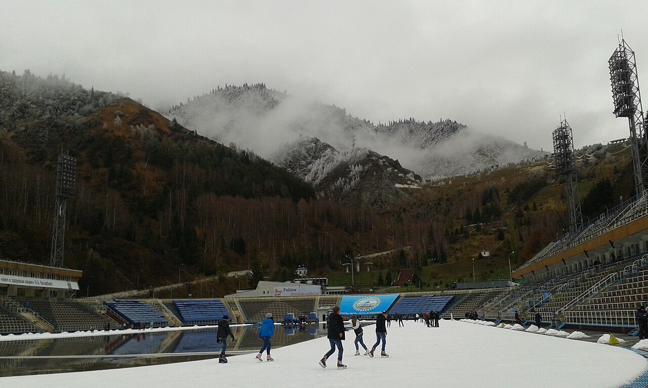 Medeu ice rink in Almaty at sunset, world's highest open-air skating stadium