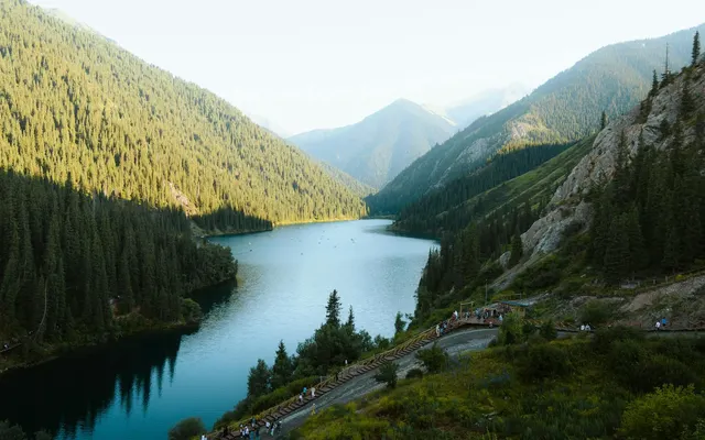 Lower Kolsai Lake surrounded by steep Tian Shan spruce forest