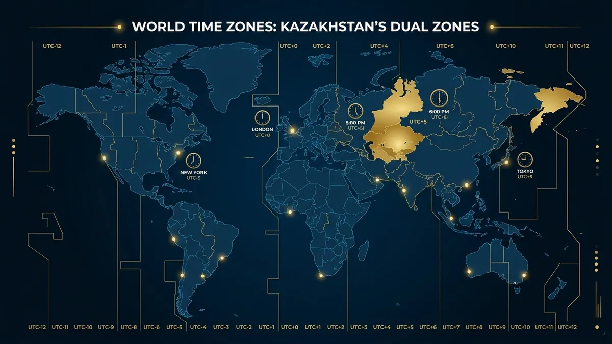 Clock showing Kazakhstan time with Almaty skyline background
