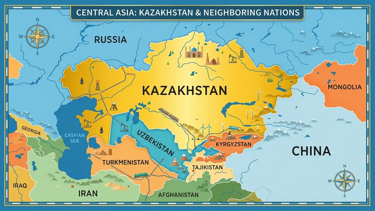 Map of Central Asia highlighting Kazakhstan's location between Russia and China