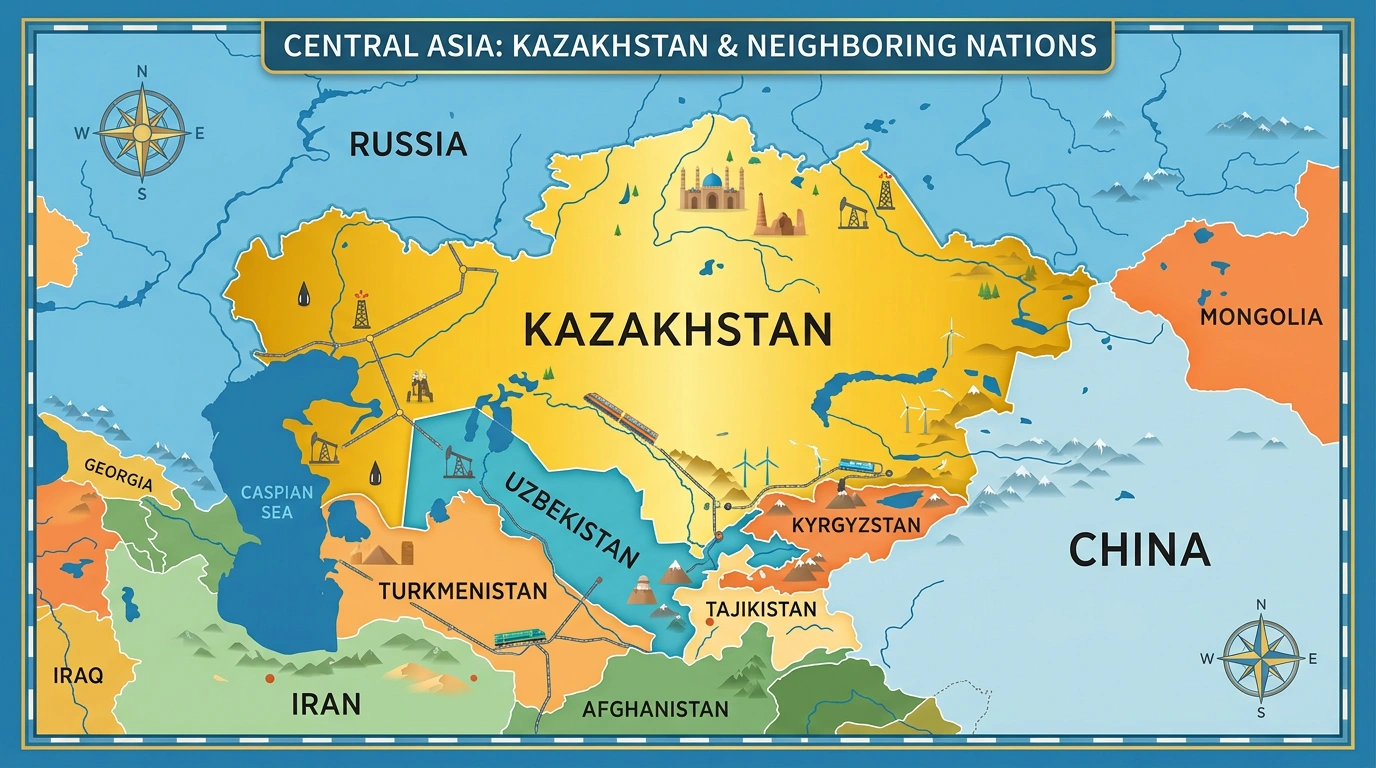 Map of Central Asia highlighting Kazakhstan's location between Russia and China