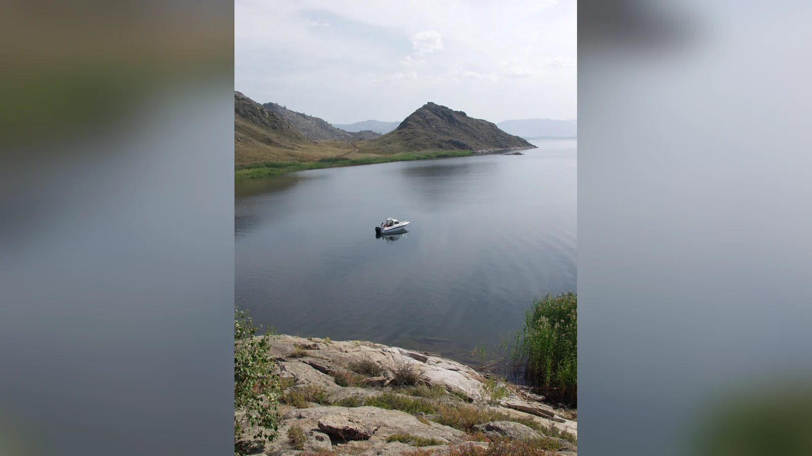 Shoreline and open water of Lake Zaysan in eastern Kazakhstan