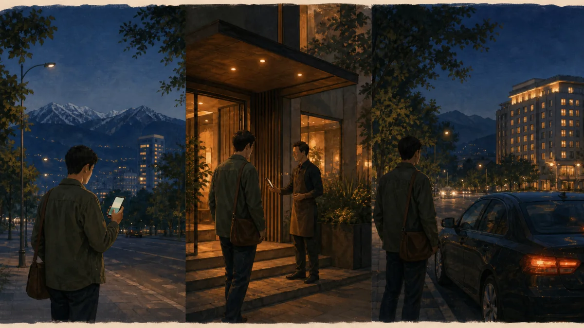 A traveler checks a current event, confirms the entrance, and leaves in a pre-booked car