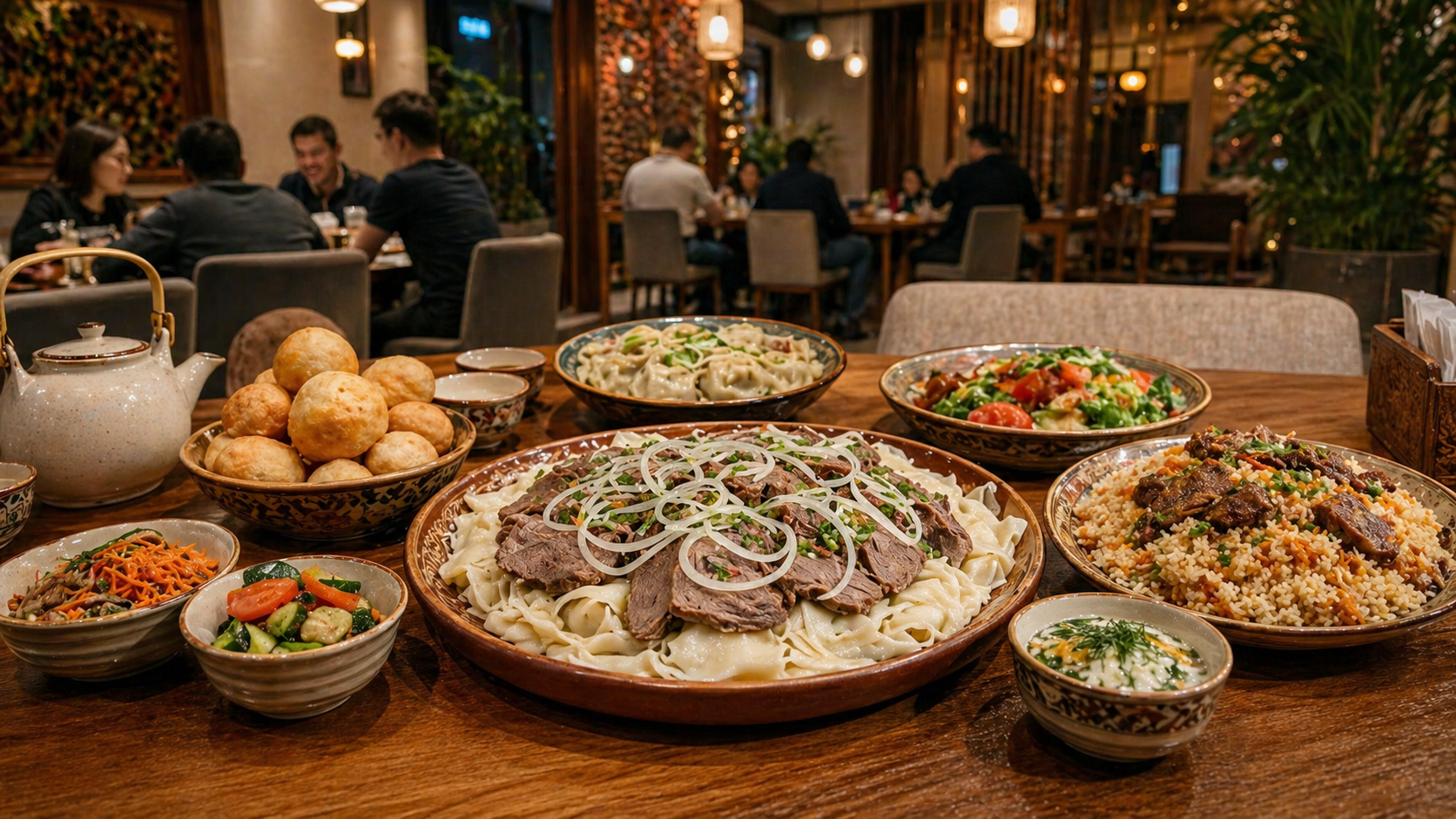 Traditional Kazakh dishes served on a table inside a warm Almaty restaurant