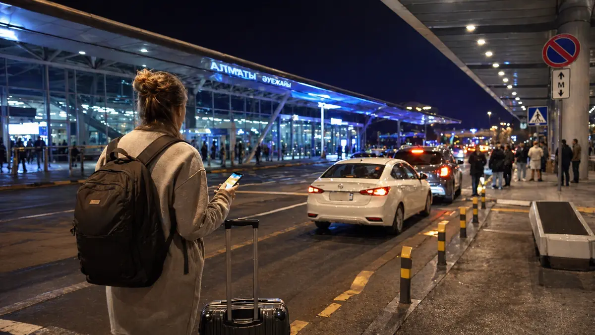 Traveler using a ride-hailing app outside Almaty airport taxi pickup at night