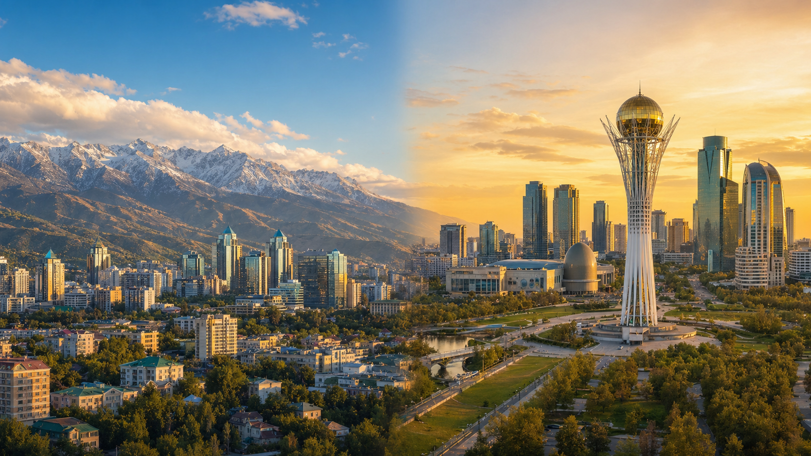 Split image showing Almaty mountain skyline next to Astana futuristic skyline for comparison