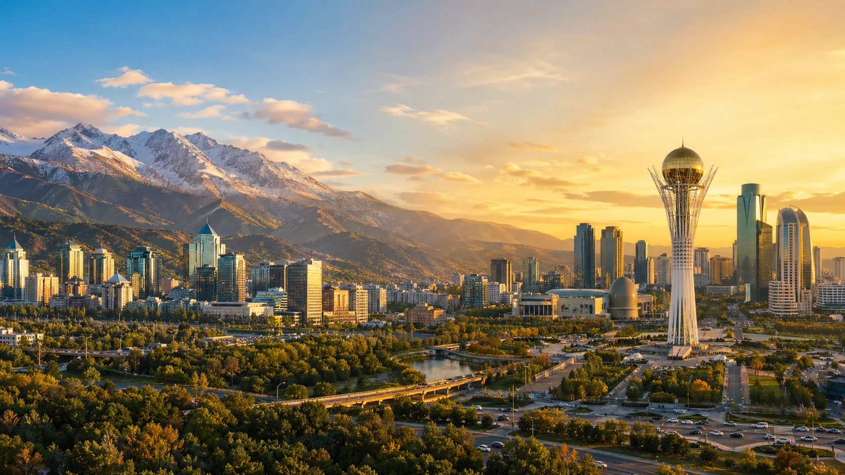 Kazakhstan city skyline with mountains at golden hour, representing the contrast between Almaty and Astana