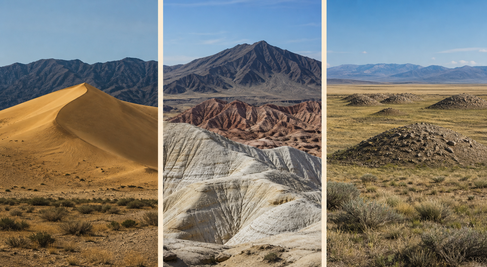 Conceptual three-panel comparison of the Singing Dune, Aktau and Katutau formations, and the Besshatyr burial-mound landscape