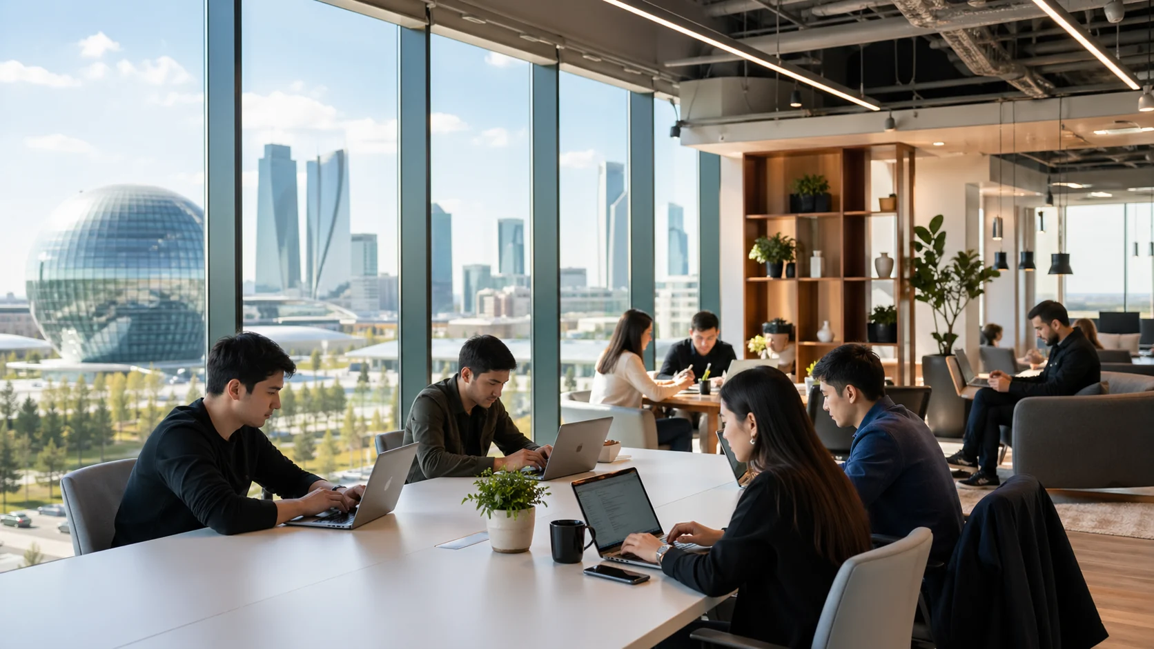 Modern coworking office in Astana with startup founders working on laptops and the city skyline outside
