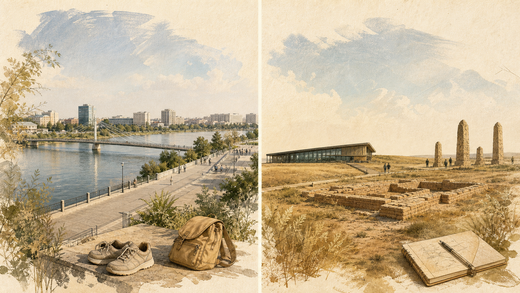 Conceptual split-scene planner showing an Atyrau river walk on one side and the Saraishyq museum reserve and steppe on the other