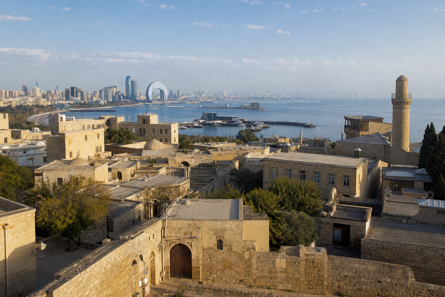 Editorial illustration of Baku Old City overlooking the Caspian waterfront
