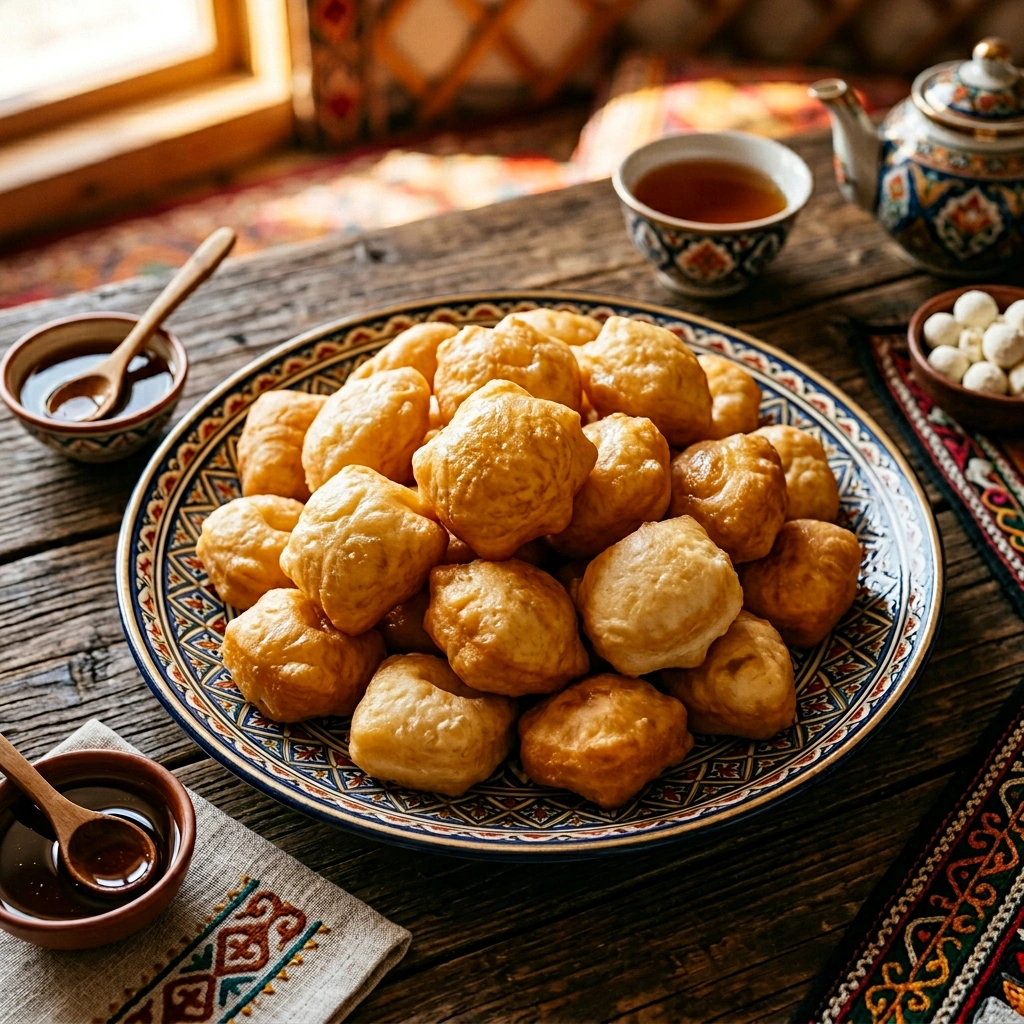 Golden baursak fried bread pieces piled on a traditional Kazakh dastarkhan tablecloth